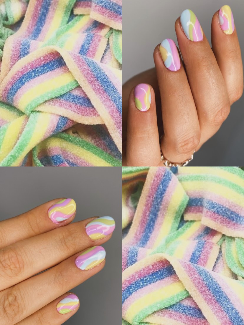 Diseño swirl candy pastel en tonos rosa, lila, amarillo y azul — Rosalía Salón
